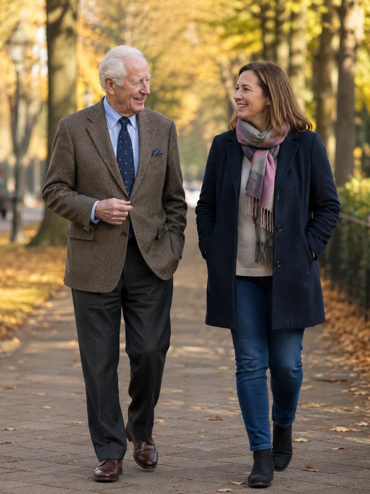 En senior och sällskap från Vida Sana tar en avkopplande promenad i en park i Stockholm